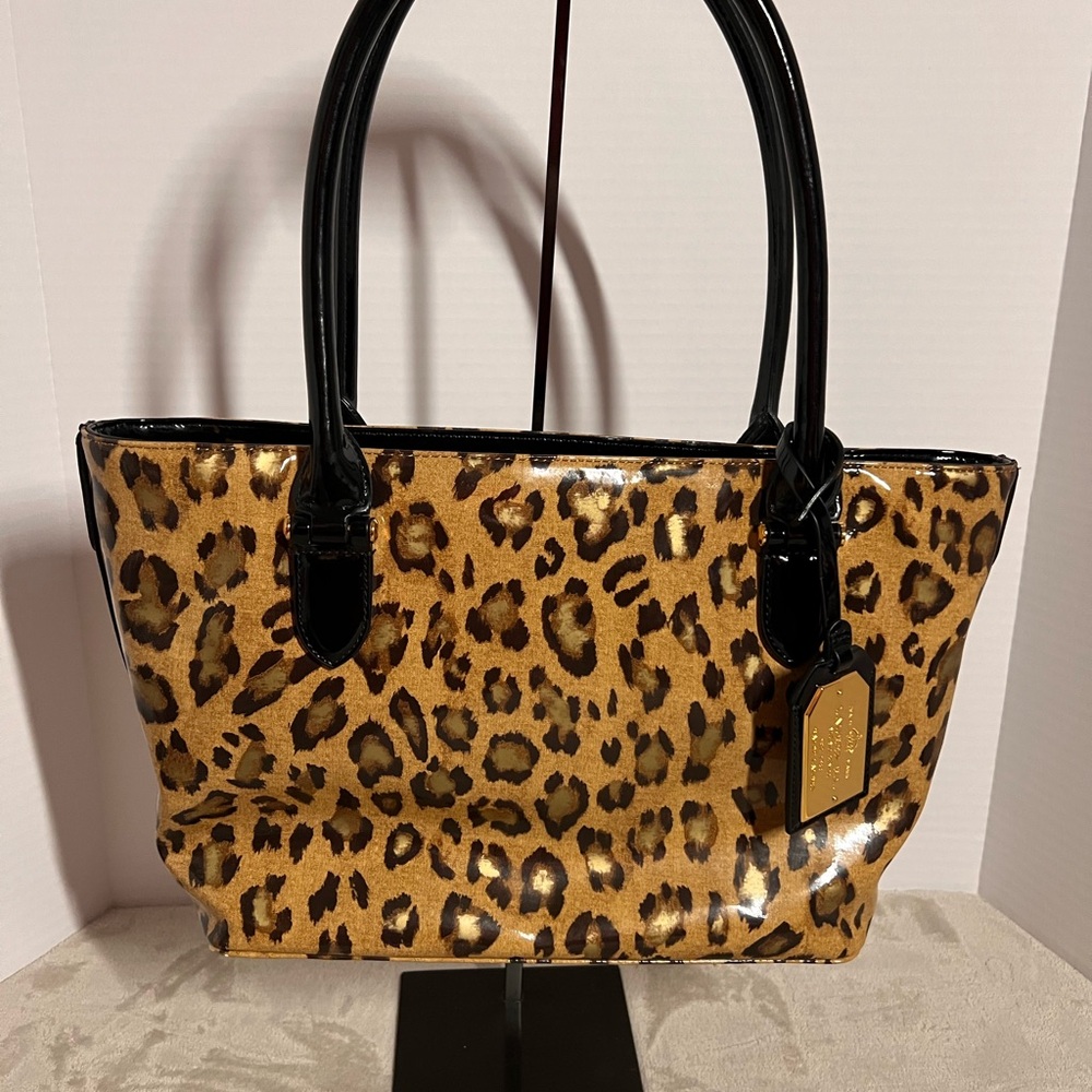 Lauren Ralph Lauren Leopard Print Tote with Black Patent Leather.